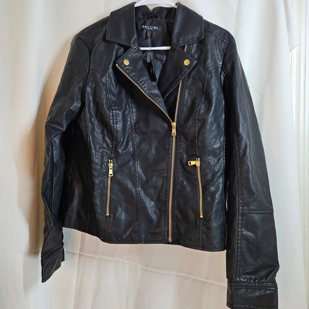 Baccini Black Faux Leather Gold Zippers Stand Collar Bike Jacket Size Large